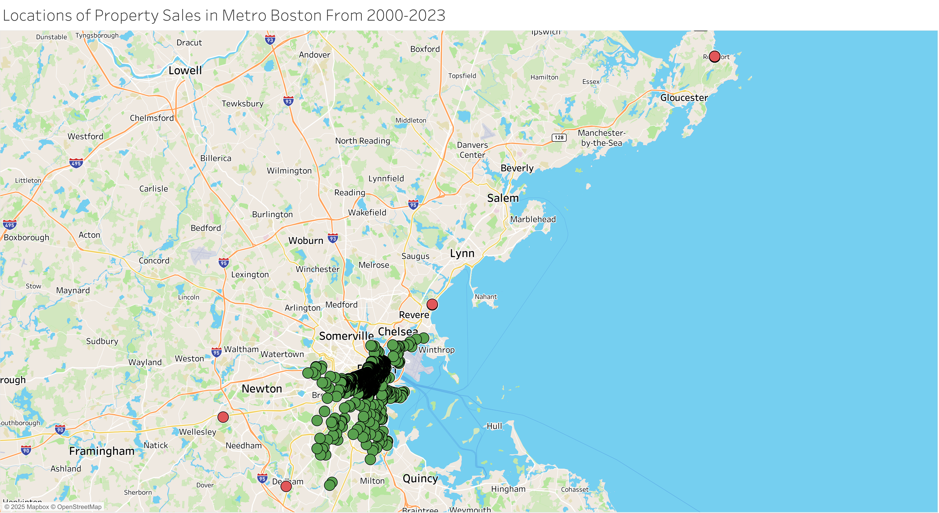Map of property sales locations in Boston with filtered points highlighted